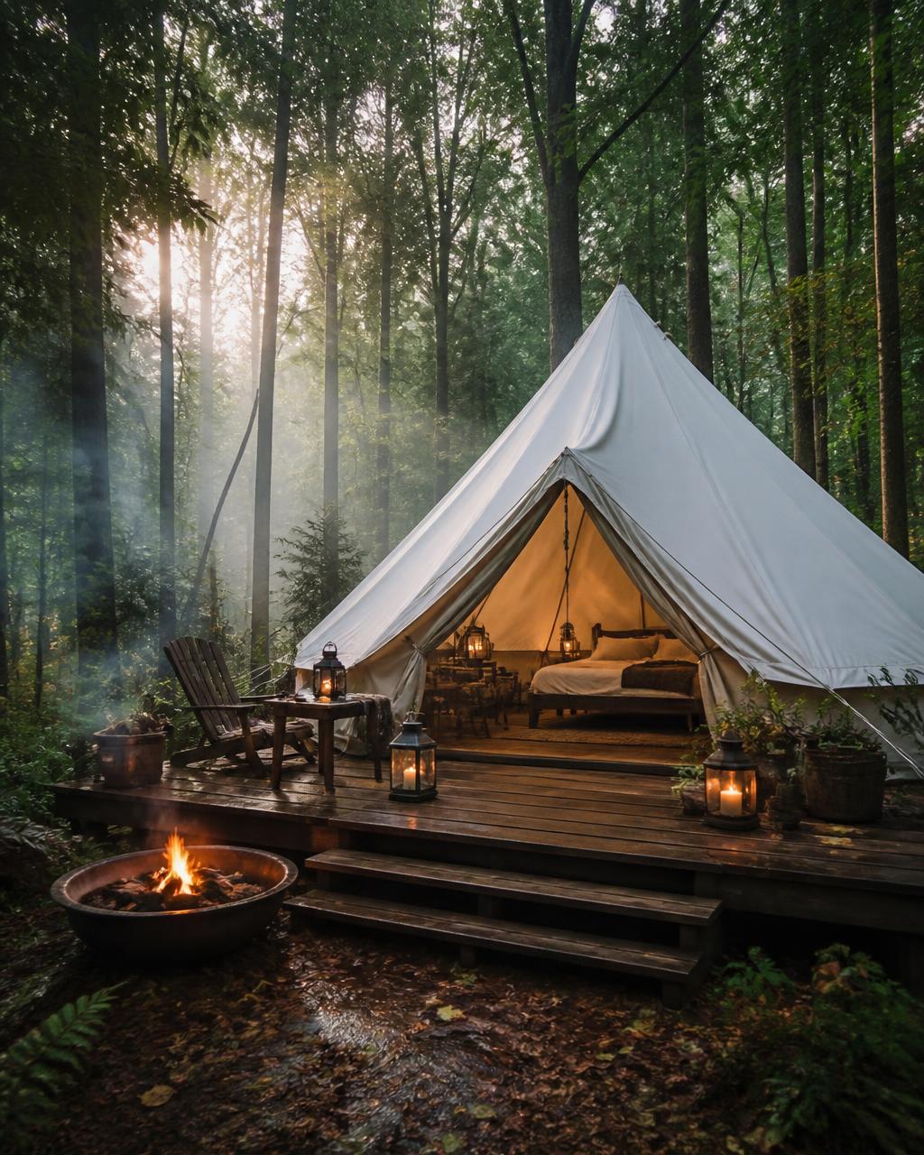 Canvas bell tent on a wooden deck in a misty forest at sunrise